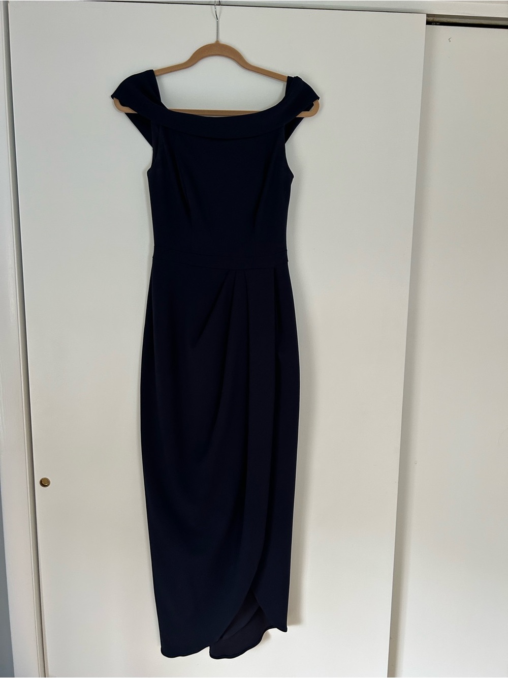 BHLDN Navy Off-Shoulder Draped Midi Dress